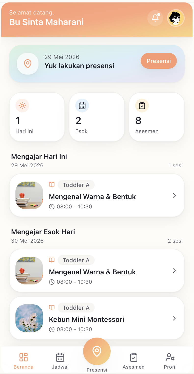 Aplikasi Guru Preskulia — beranda dengan presensi, jadwal mengajar hari ini dan esok